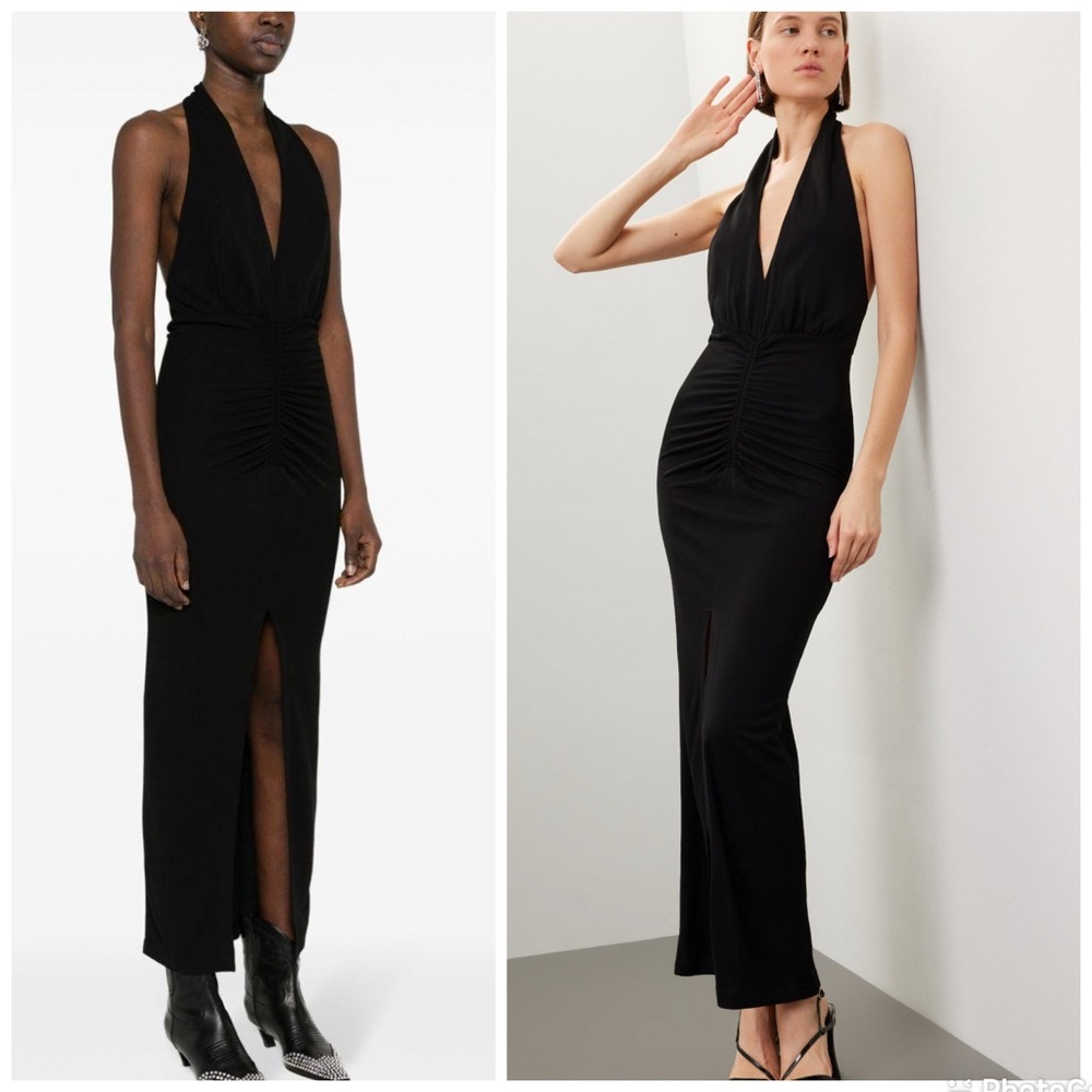 Iro Rubini Dress Black Halter Backless Plunge V Ruched Bodice Size XS